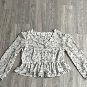 Candie’s Polka Dot Peplum Blouse Long Sleeve Button Up V-Neck Babydoll Ruffle